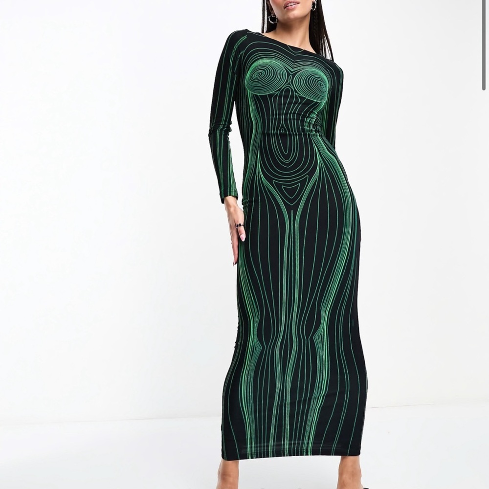 Green and Black Bodycon Long Sleeve Dress for Night Out
